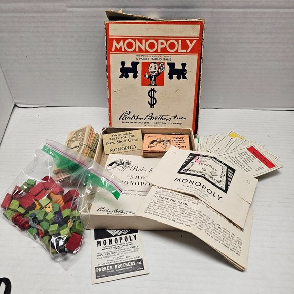 Vintage Old Rare Monopoly Board Game Wood Houses Cards